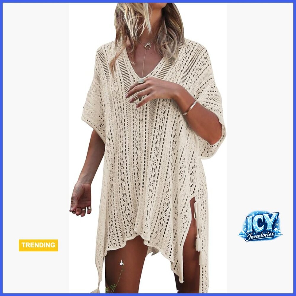 Polyester Crochet Bathing Suit Cover Up Dress with Drawstring
